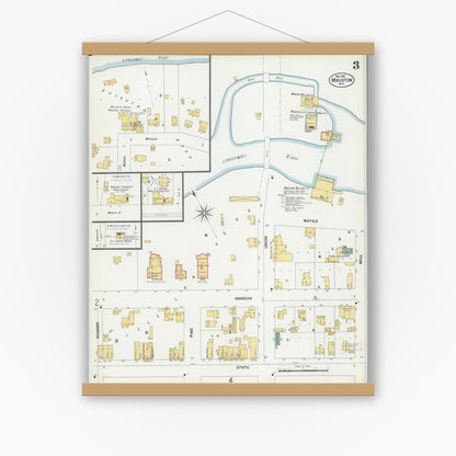 Old map wall art mockup — magnetic wood frame on white wall — Sanborn Fire Insurance Map from Mauston, Juneau County, Wisconsin (1901), Sheet #0003