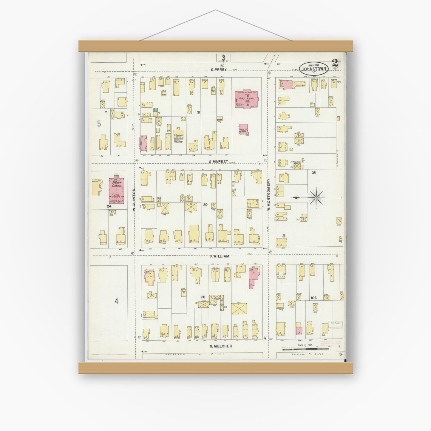 Old map wall art mockup — magnetic wood frame on white wall — Sanborn Fire Insurance Map from Johnstown, Fulton County, New York (1897) - Complete Map Set