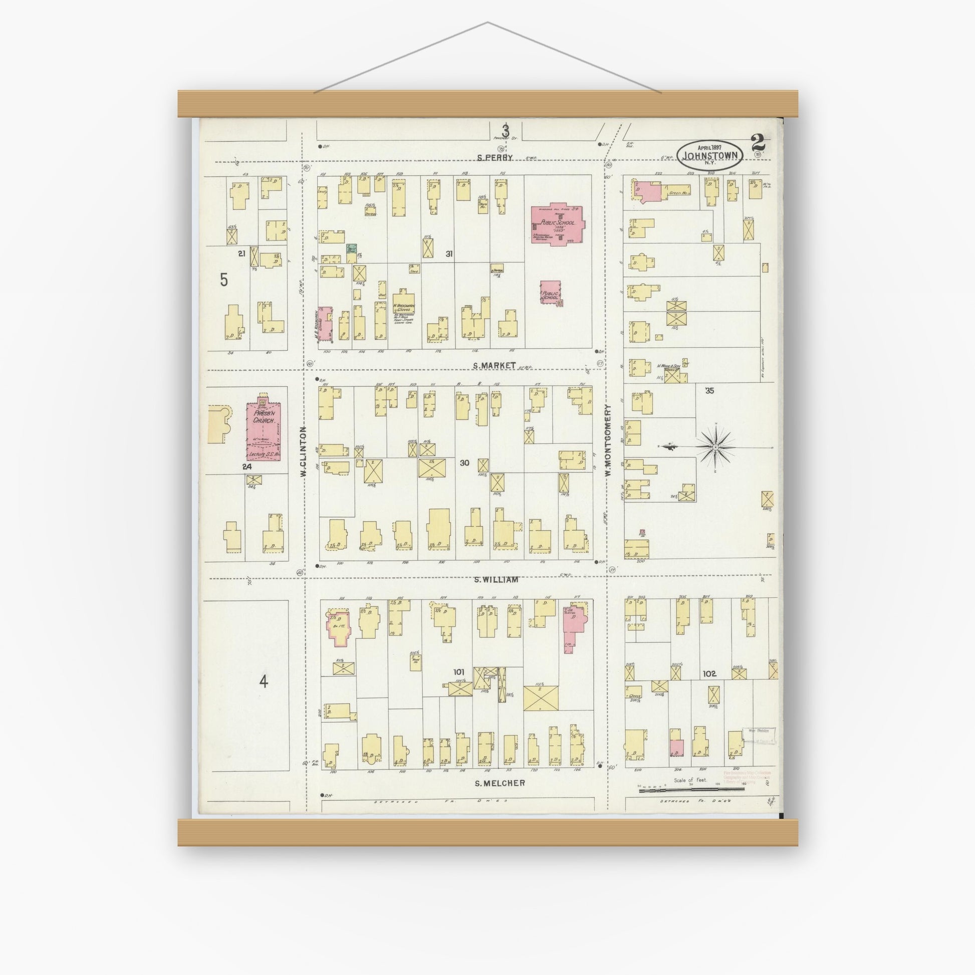 Old map wall art mockup — magnetic wood frame on white wall — Sanborn Fire Insurance Map from Johnstown, Fulton County, New York (1897) - Complete Map Set