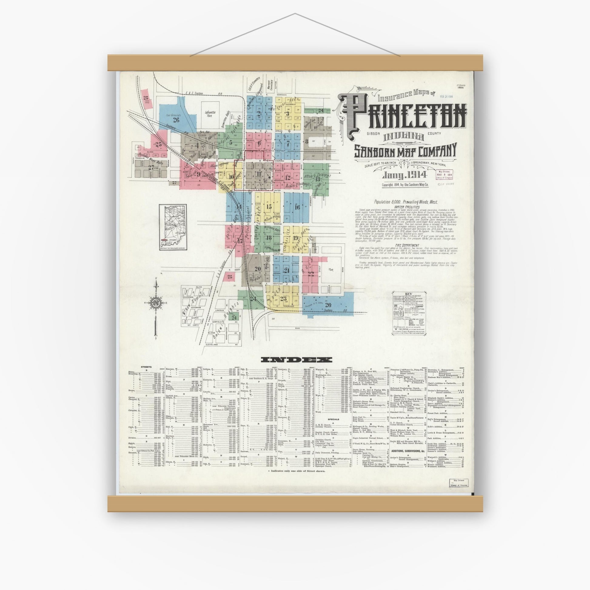 Old map wall art mockup — magnetic wood frame on white wall — Sanborn Fire Insurance Map from Princeton, Gibson County, Indiana (1914) - Complete Map Set