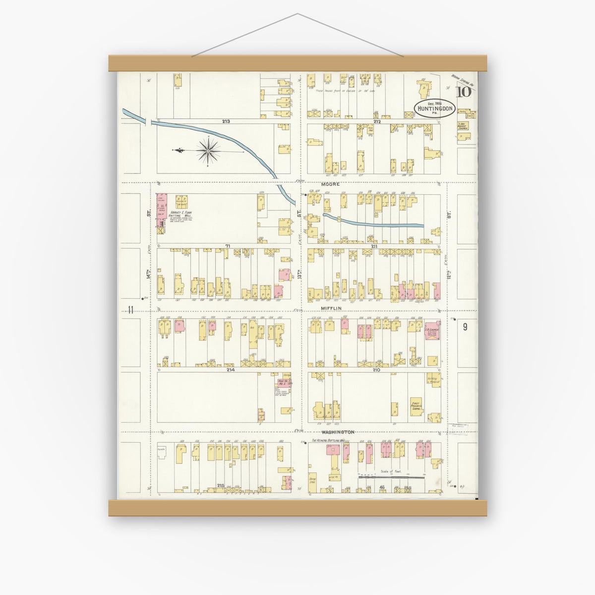 Old map wall art mockup — magnetic wood frame on white wall — Sanborn Fire Insurance Map from Huntingdon, Huntingdon County, Pennsylvania (1906), Sheet #0010
