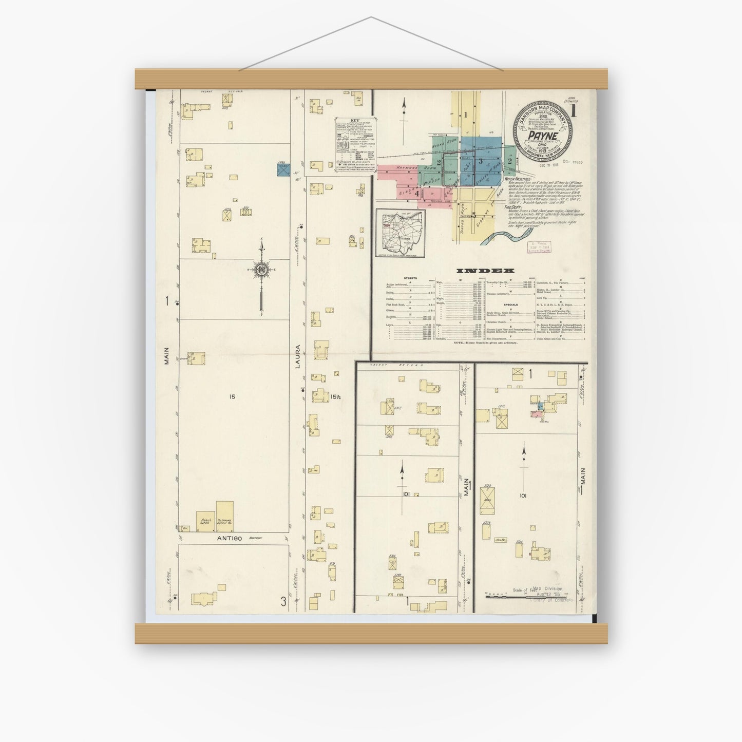 Old map wall art mockup — magnetic wood frame on white wall — Sanborn Fire Insurance Map from Payne, Paulding County, Ohio (1913), Sheet #0001