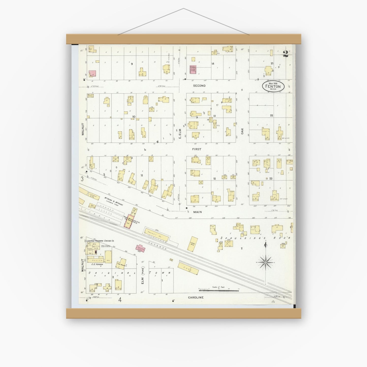 Old map wall art mockup — magnetic wood frame on white wall — Sanborn Fire Insurance Map from Fenton, Genesee County, Michigan (1908), Sheet #0002