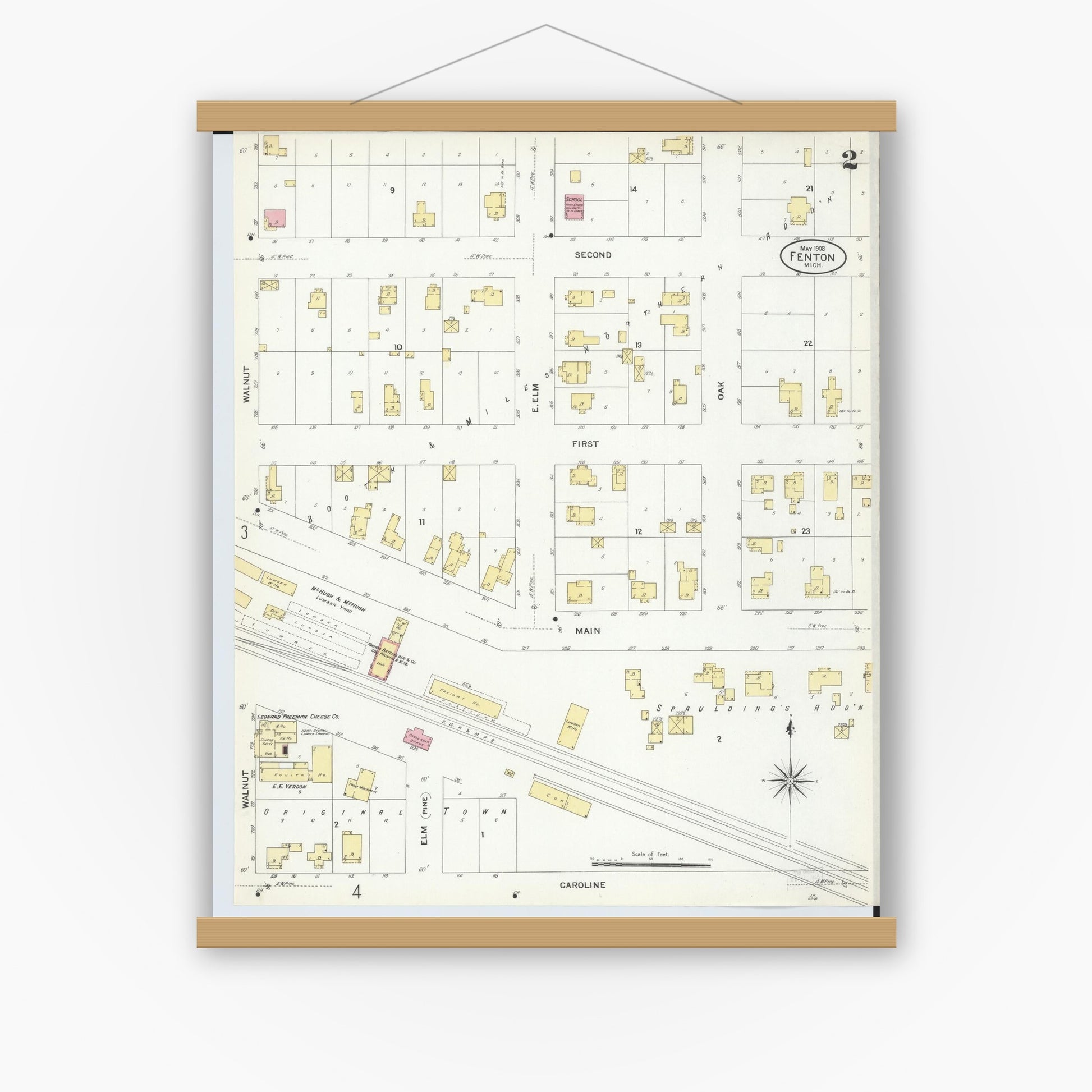 Old map wall art mockup — magnetic wood frame on white wall — Sanborn Fire Insurance Map from Fenton, Genesee County, Michigan (1908), Sheet #0002