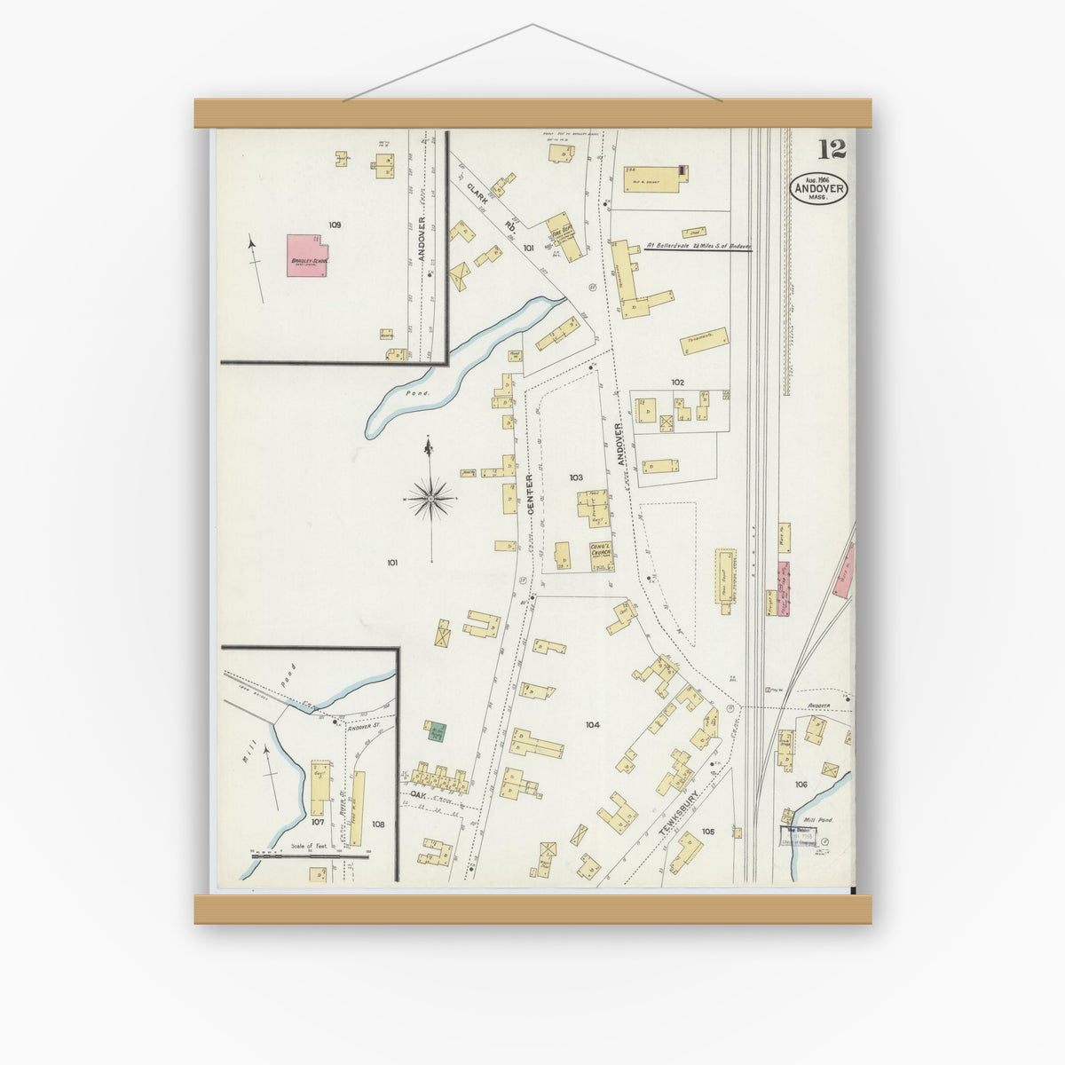 Old map wall art mockup — magnetic wood frame on white wall — Sanborn Fire Insurance Map from Andover, Essex County, Massachusetts (1906), Sheet #0012