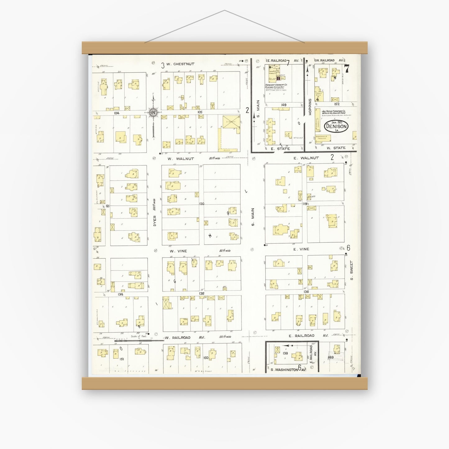 Old map wall art mockup — magnetic wood frame on white wall — Sanborn Fire Insurance Map from Denison, Crawford County, Iowa (1913), Sheet #0007