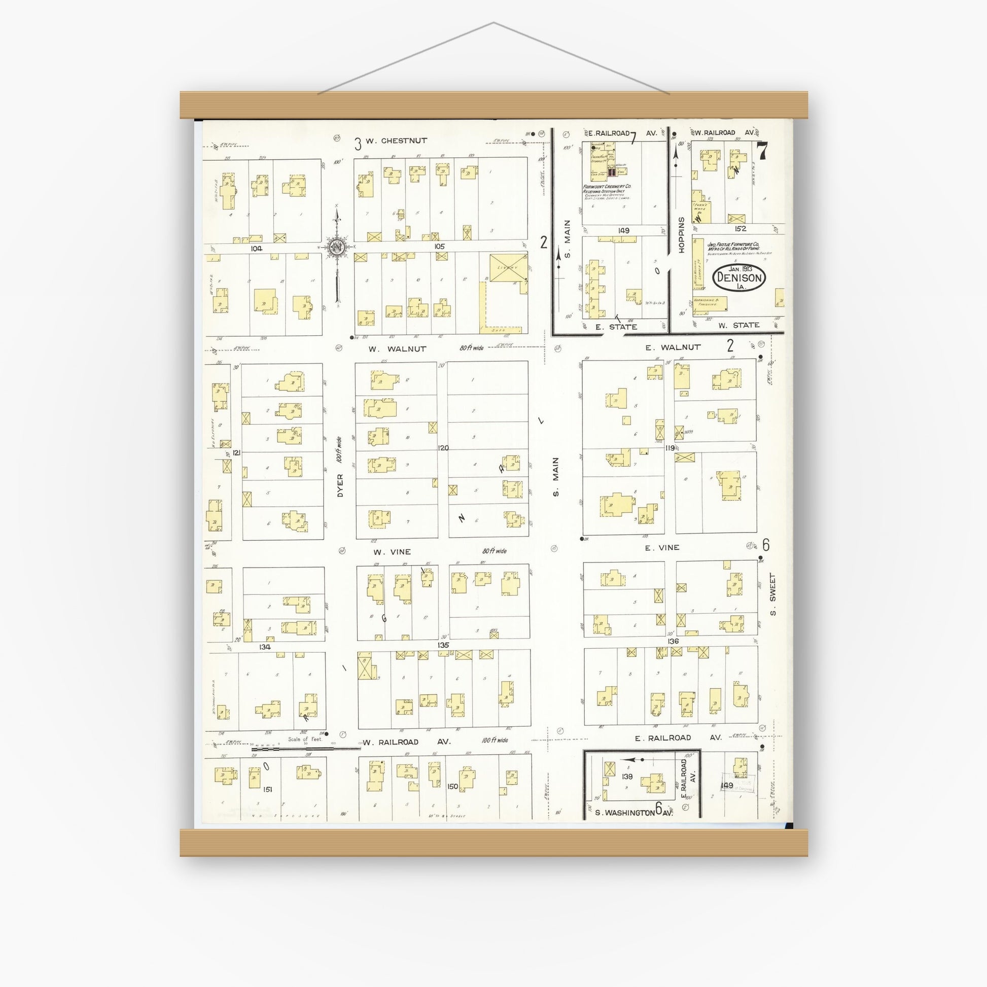 Old map wall art mockup — magnetic wood frame on white wall — Sanborn Fire Insurance Map from Denison, Crawford County, Iowa (1913), Sheet #0007