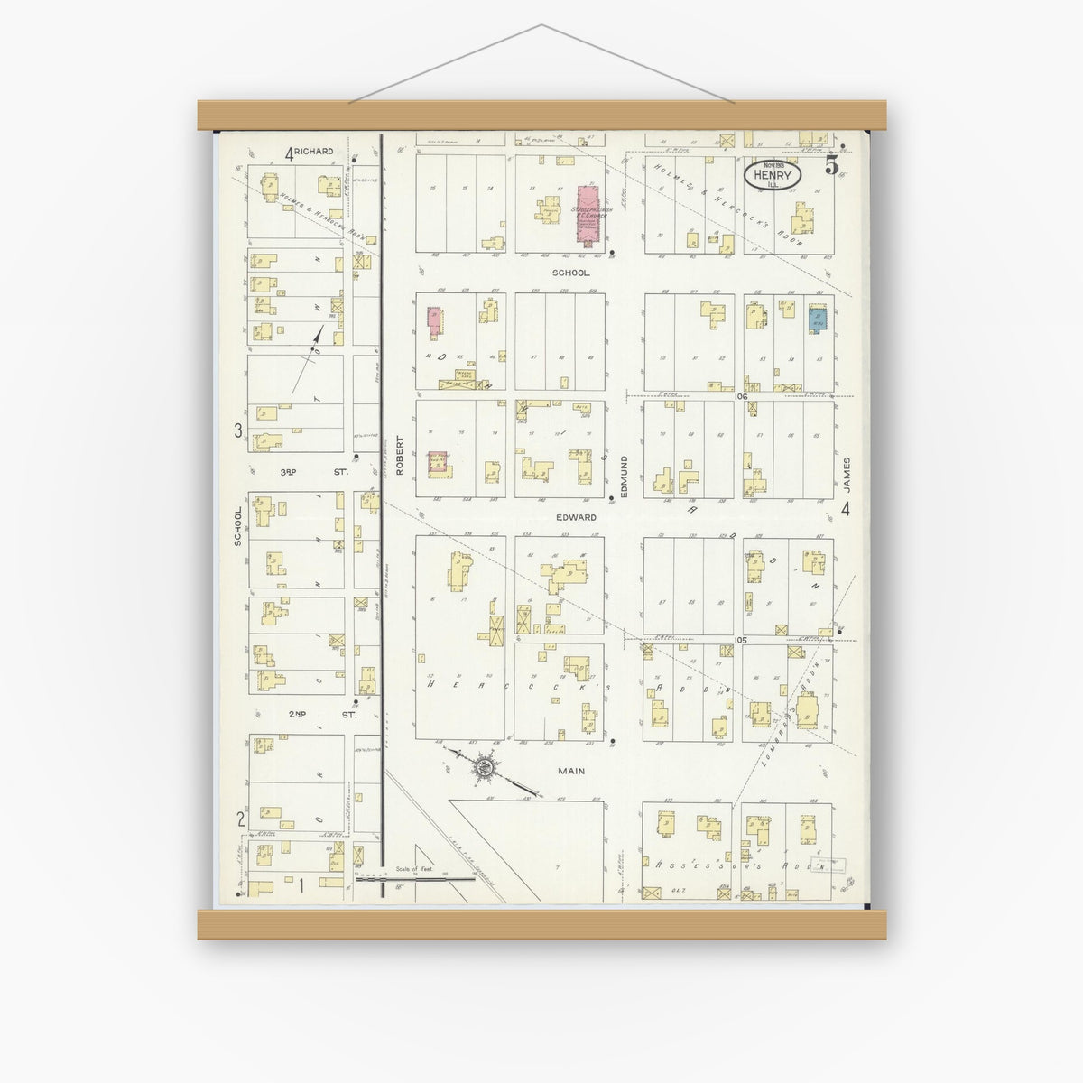 Old map wall art mockup — magnetic wood frame on white wall — Sanborn Fire Insurance Map from Henry, Marshall County, Illinois (1913), Sheet #0005