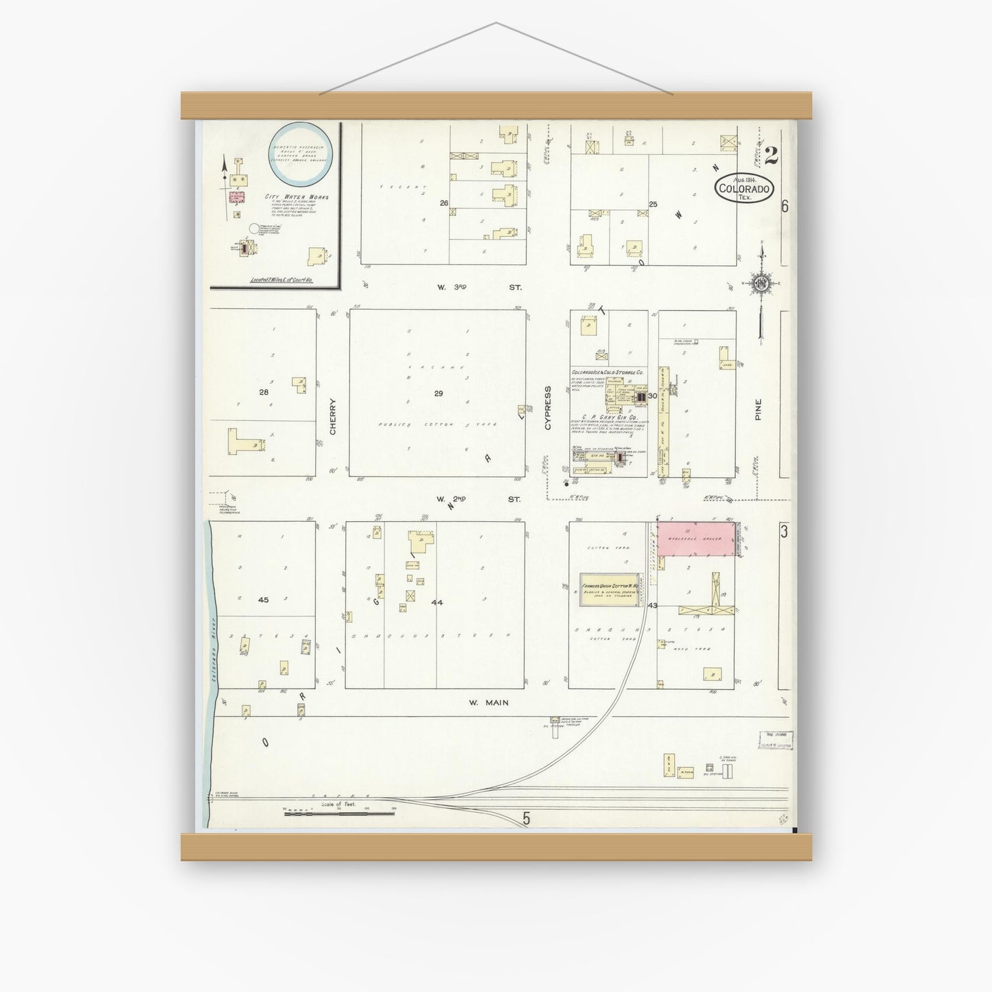 Old map wall art mockup — magnetic wood frame on white wall — Sanborn Fire Insurance Map from Colorado, Mitchell County, Texas (1914), Sheet #0002