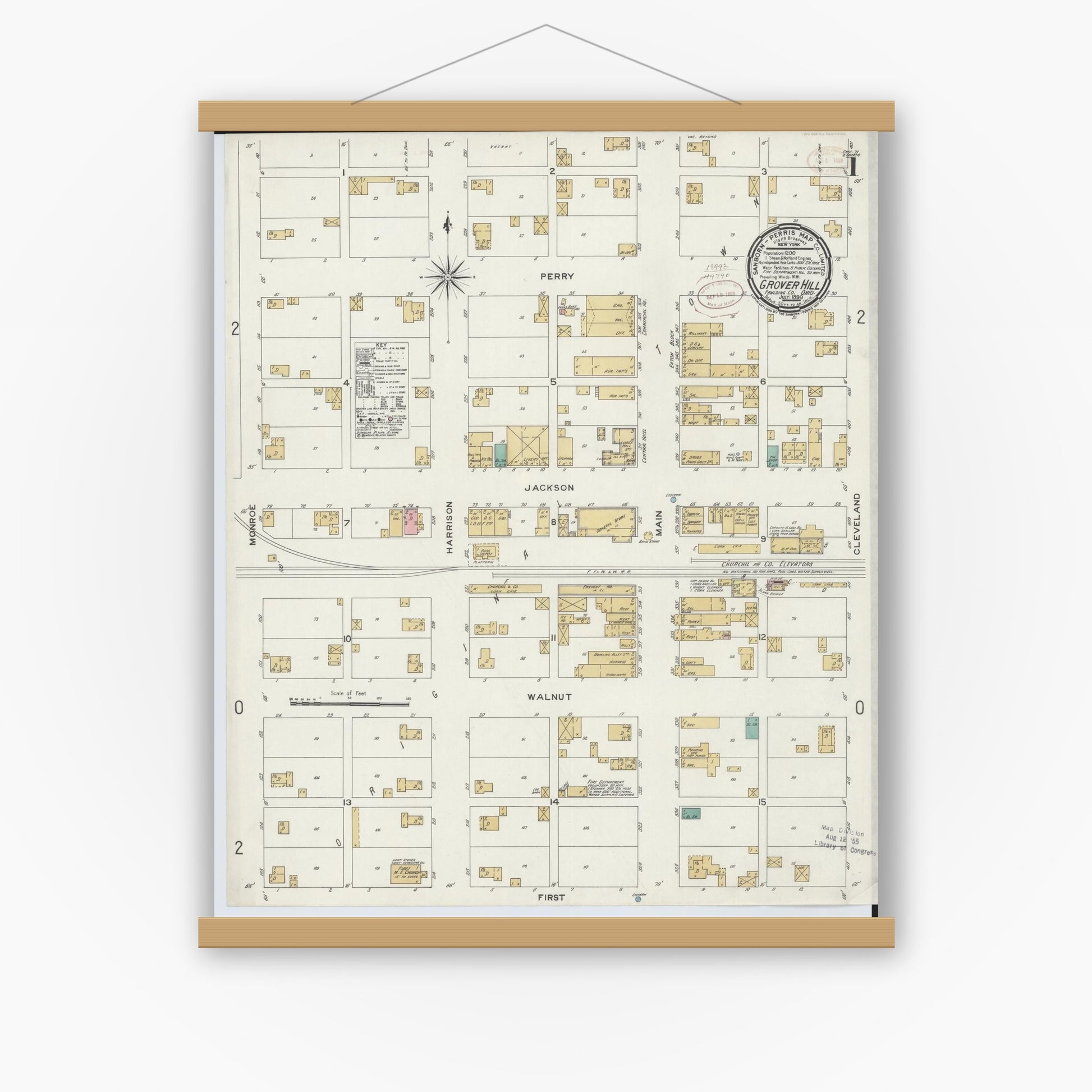 Old map wall art mockup — magnetic wood frame on white wall — Sanborn Fire Insurance Map from Grover Hill, Paulding County, Ohio (1899) - Complete Map Set