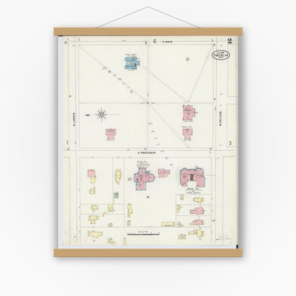 Old map wall art mockup — magnetic wood frame on white wall — Sanborn Fire Insurance Map from Oberlin, Lorain County, Ohio (1897), Sheet #0002