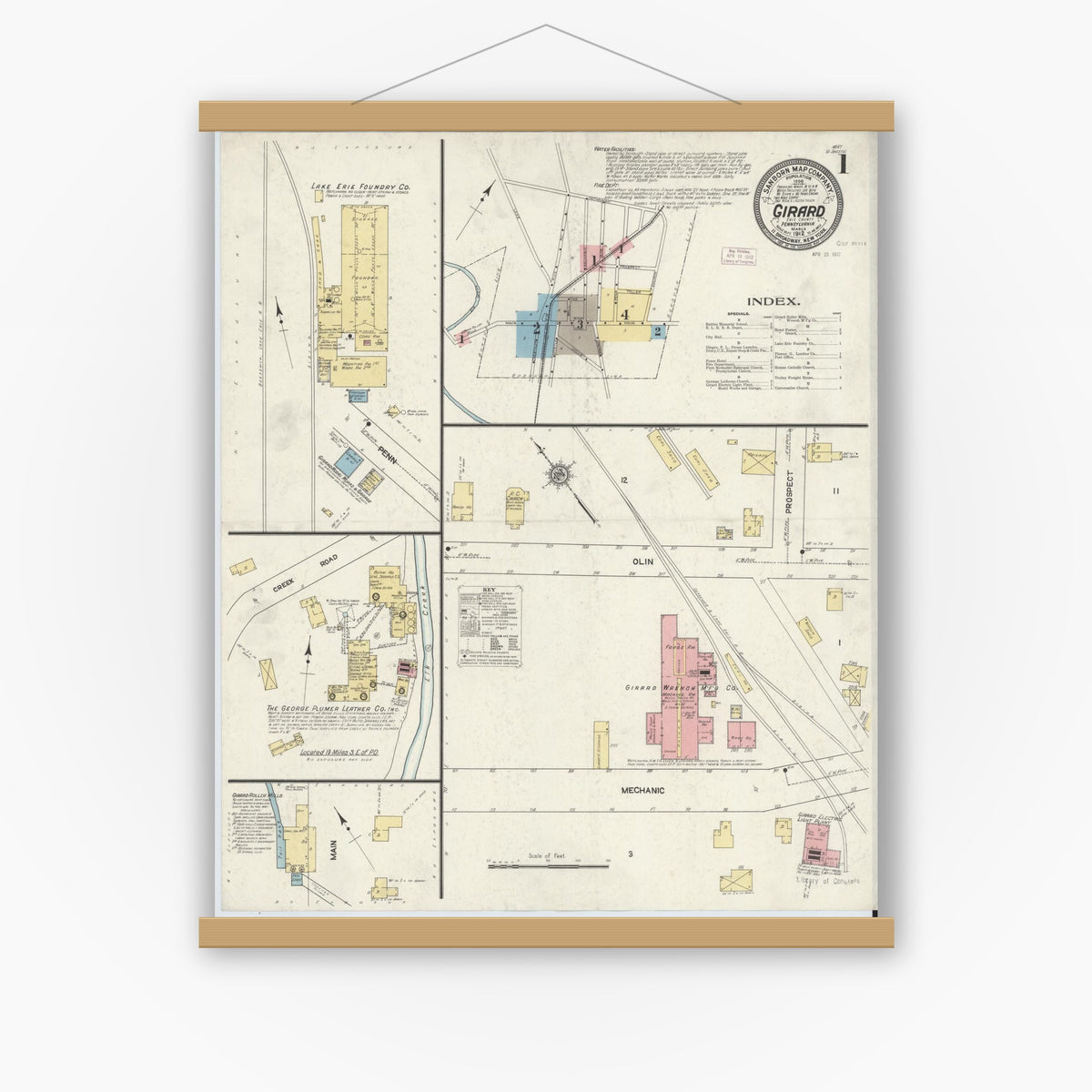 Old map wall art mockup — magnetic wood frame on white wall — Sanborn Fire Insurance Map from Girard, Erie County, Pennsylvania (1912) - Complete Map Set