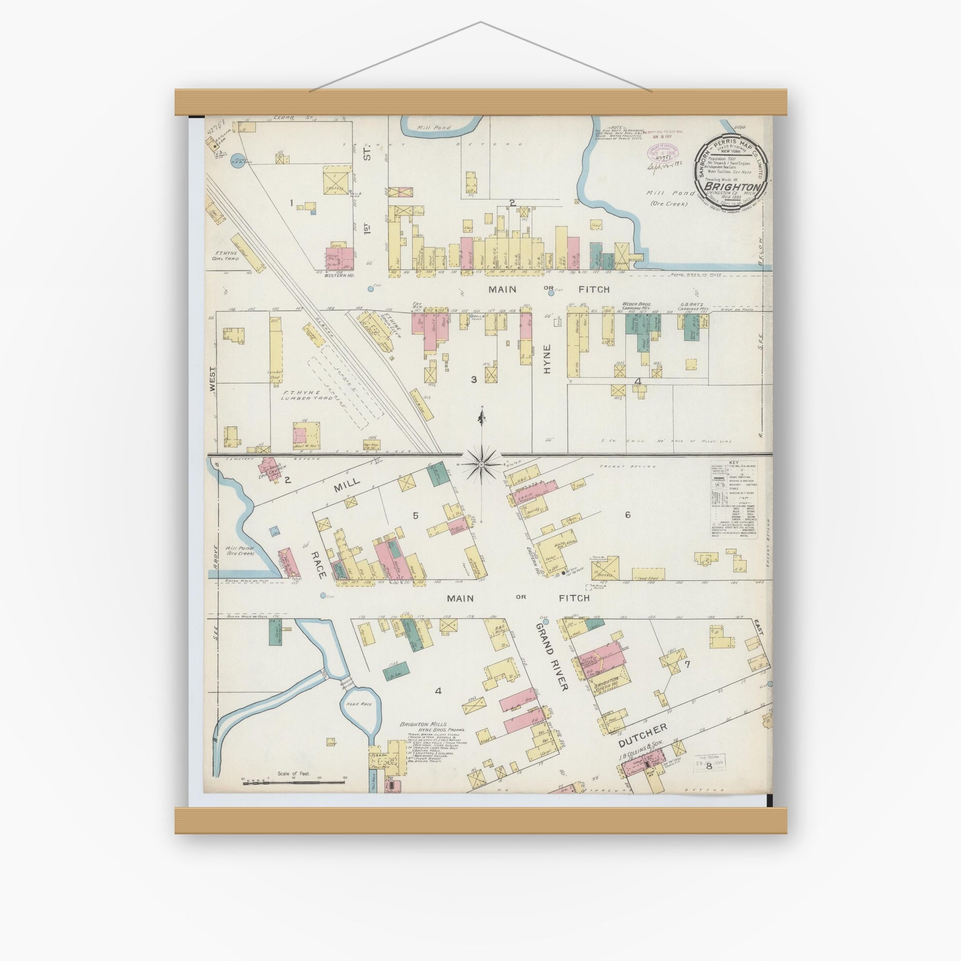 Old map wall art mockup — magnetic wood frame on white wall — Sanborn Fire Insurance Map from Brighton, Livingston County, Michigan (1893), Sheet #0001