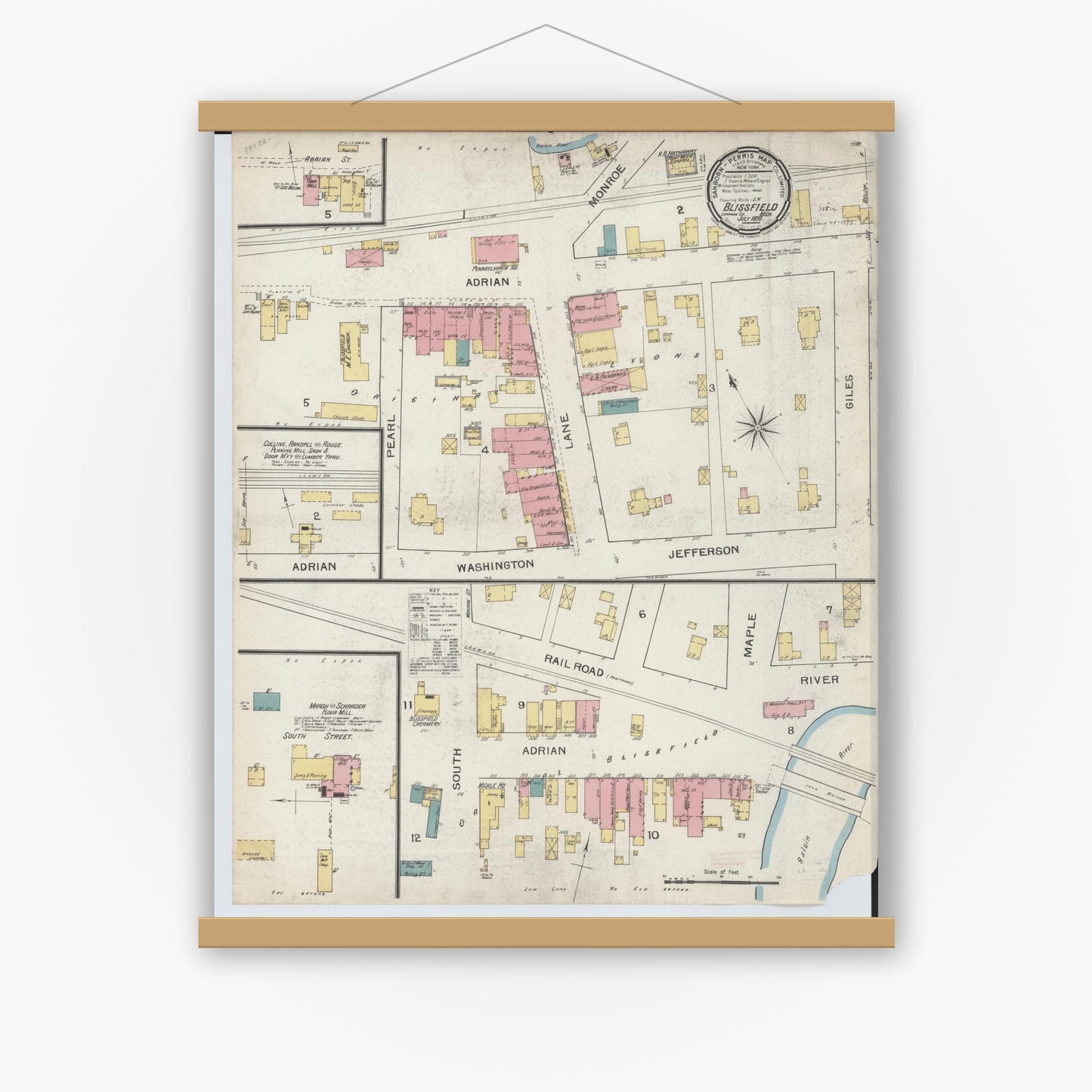 Old map wall art mockup — magnetic wood frame on white wall — Sanborn Fire Insurance Map from Blissfield, Lenawee County, Michigan (1893), Sheet #0001