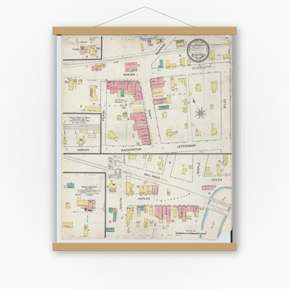 Old map wall art mockup — magnetic wood frame on white wall — Sanborn Fire Insurance Map from Blissfield, Lenawee County, Michigan (1893), Sheet #0001