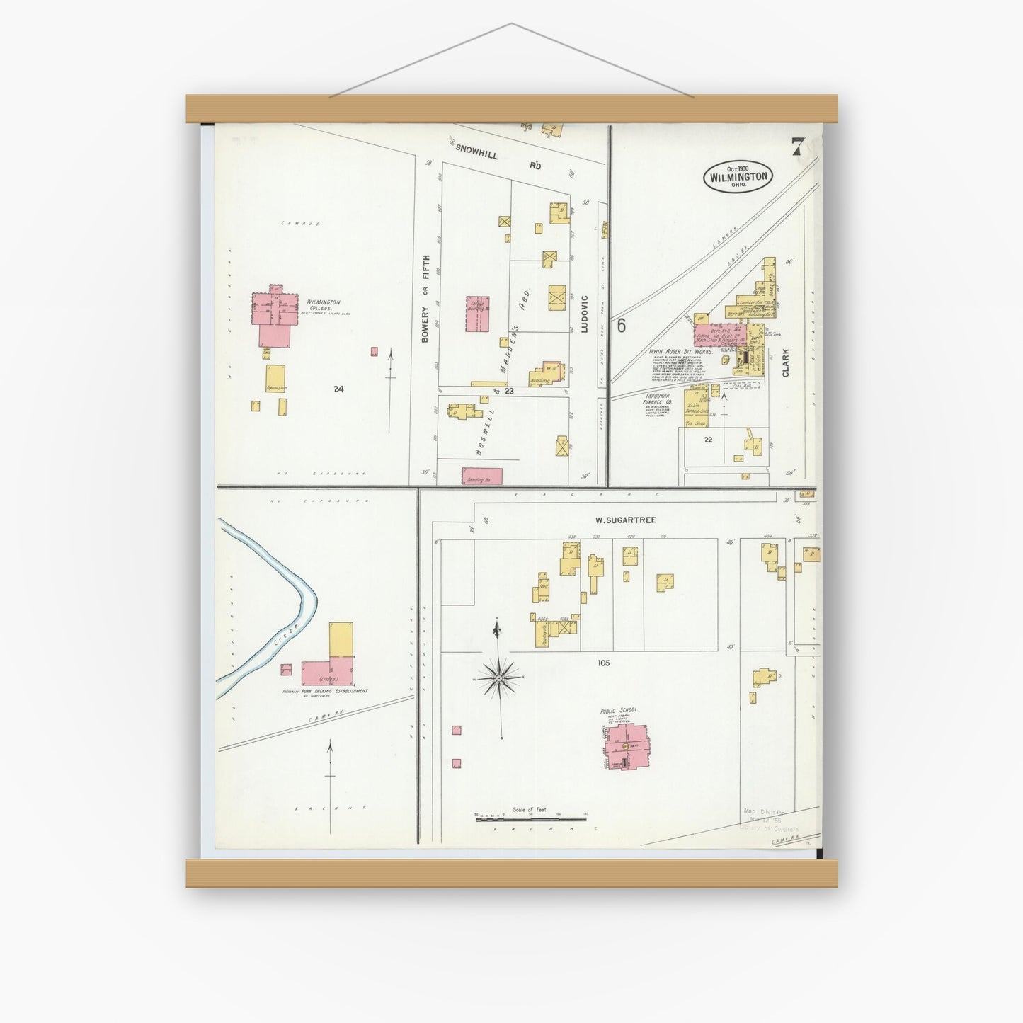 Old map wall art mockup — magnetic wood frame on white wall — Sanborn Fire Insurance Map from Wilmington, Clinton County, Ohio (1900), Sheet #0007