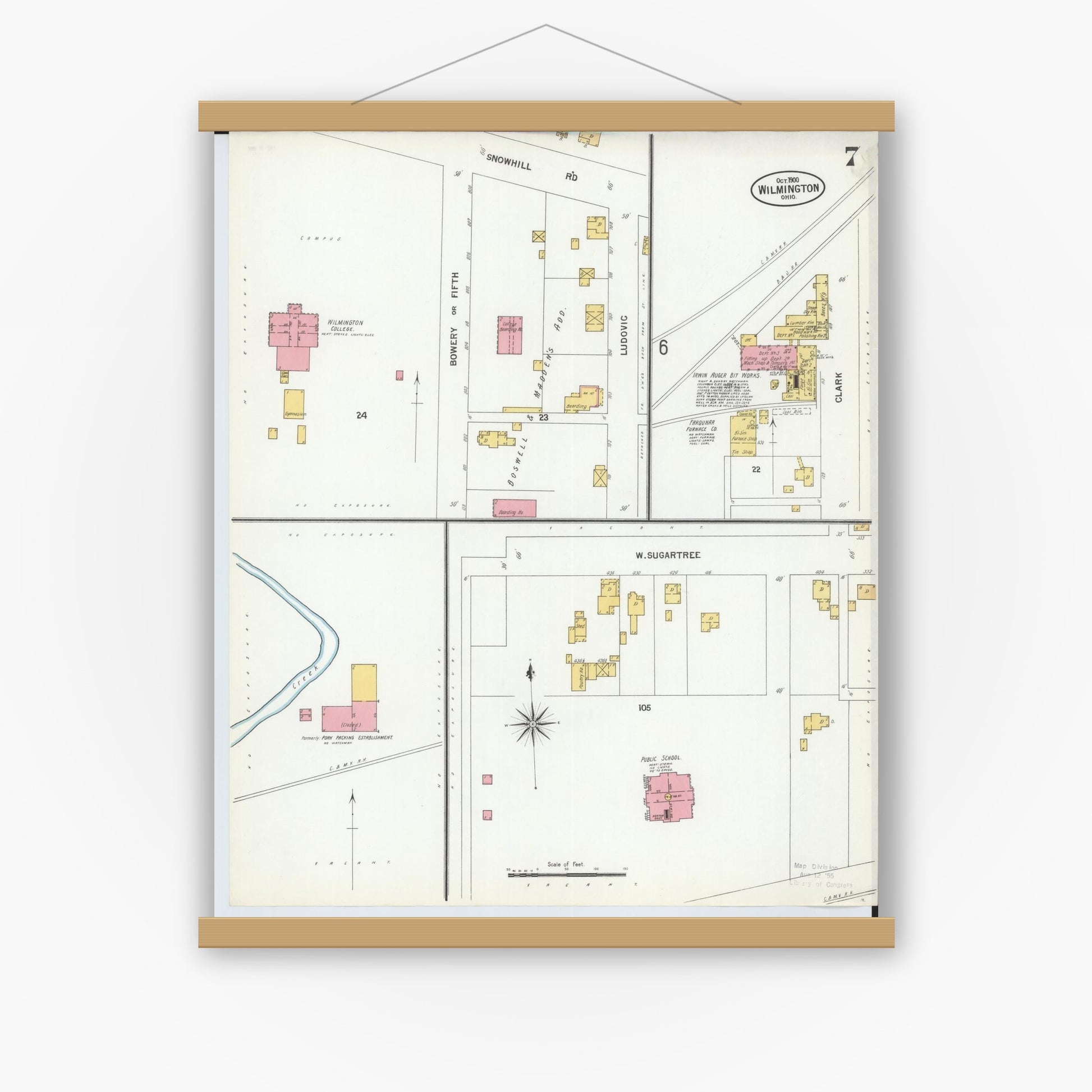 Old map wall art mockup — magnetic wood frame on white wall — Sanborn Fire Insurance Map from Wilmington, Clinton County, Ohio (1900), Sheet #0007