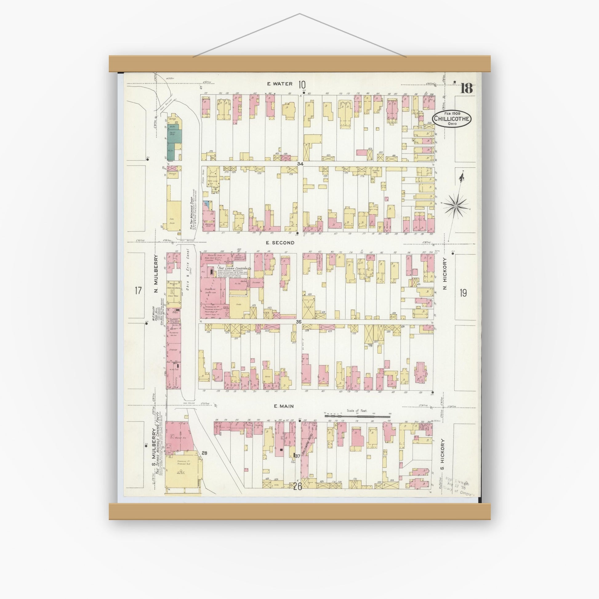 Old map wall art mockup — magnetic wood frame on white wall — Sanborn Fire Insurance Map from Chillicothe, Ross County, Ohio (1909), Sheet #0018