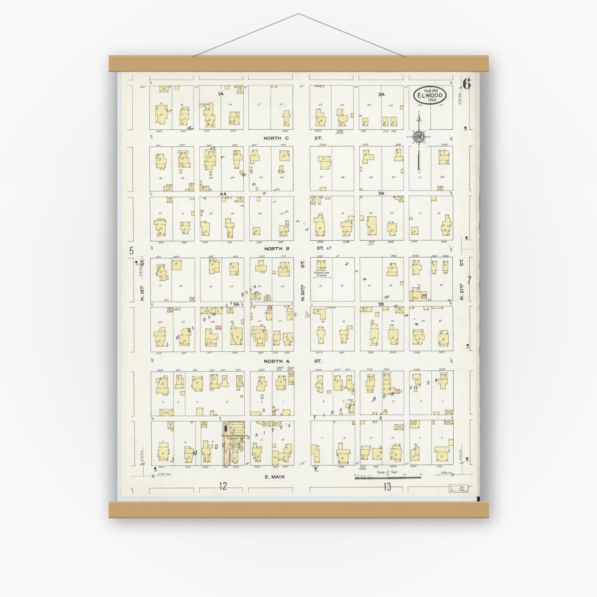 Old map wall art mockup — magnetic wood frame on white wall — Sanborn Fire Insurance Map from Elwood, Madison County, Indiana (1910), Sheet #0006