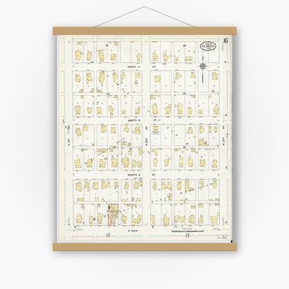 Old map wall art mockup — magnetic wood frame on white wall — Sanborn Fire Insurance Map from Elwood, Madison County, Indiana (1910), Sheet #0006