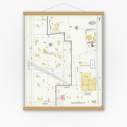 Old map wall art mockup — magnetic wood frame on white wall — Sanborn Fire Insurance Map from Brenham, Washington County, Texas (1901), Sheet #0007