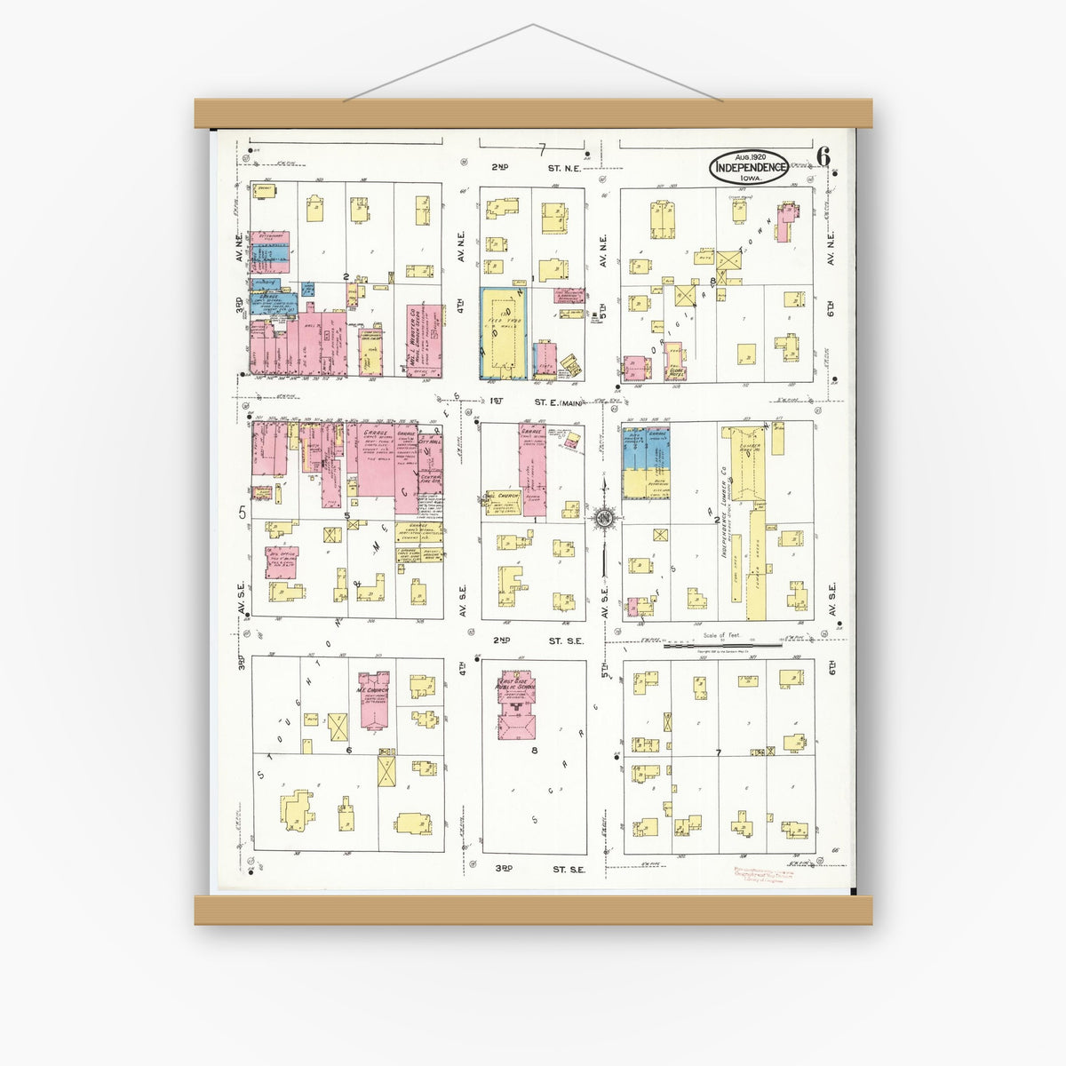 Old map wall art mockup — magnetic wood frame on white wall — Sanborn Fire Insurance Map from Independence, Buchanan County, Iowa (1920), Sheet #0006