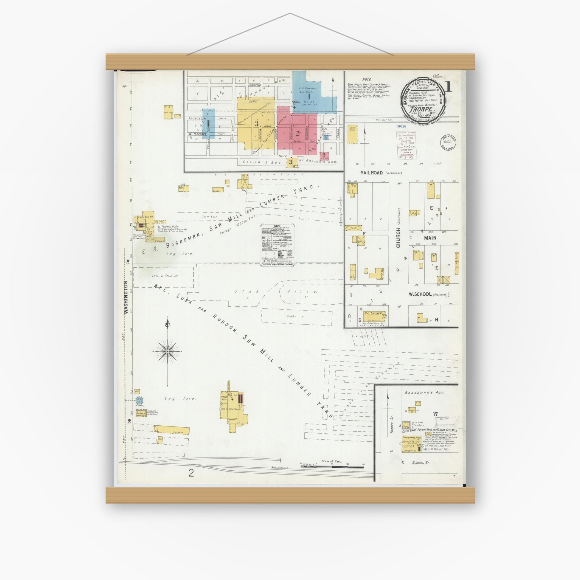 Old map wall art mockup — magnetic wood frame on white wall — Sanborn Fire Insurance Map from Thorpe, Clark County, Wisconsin (1900) - Complete Map Set