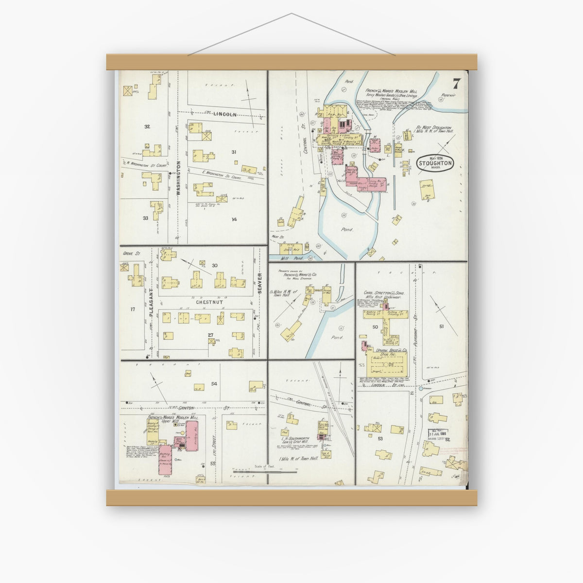 Old map wall art mockup — magnetic wood frame on white wall — Sanborn Fire Insurance Map from Stoughton, Norfolk County, Massachusetts (1896), Sheet #0007
