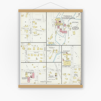 Old map wall art mockup — magnetic wood frame on white wall — Sanborn Fire Insurance Map from Stoughton, Norfolk County, Massachusetts (1896), Sheet #0007
