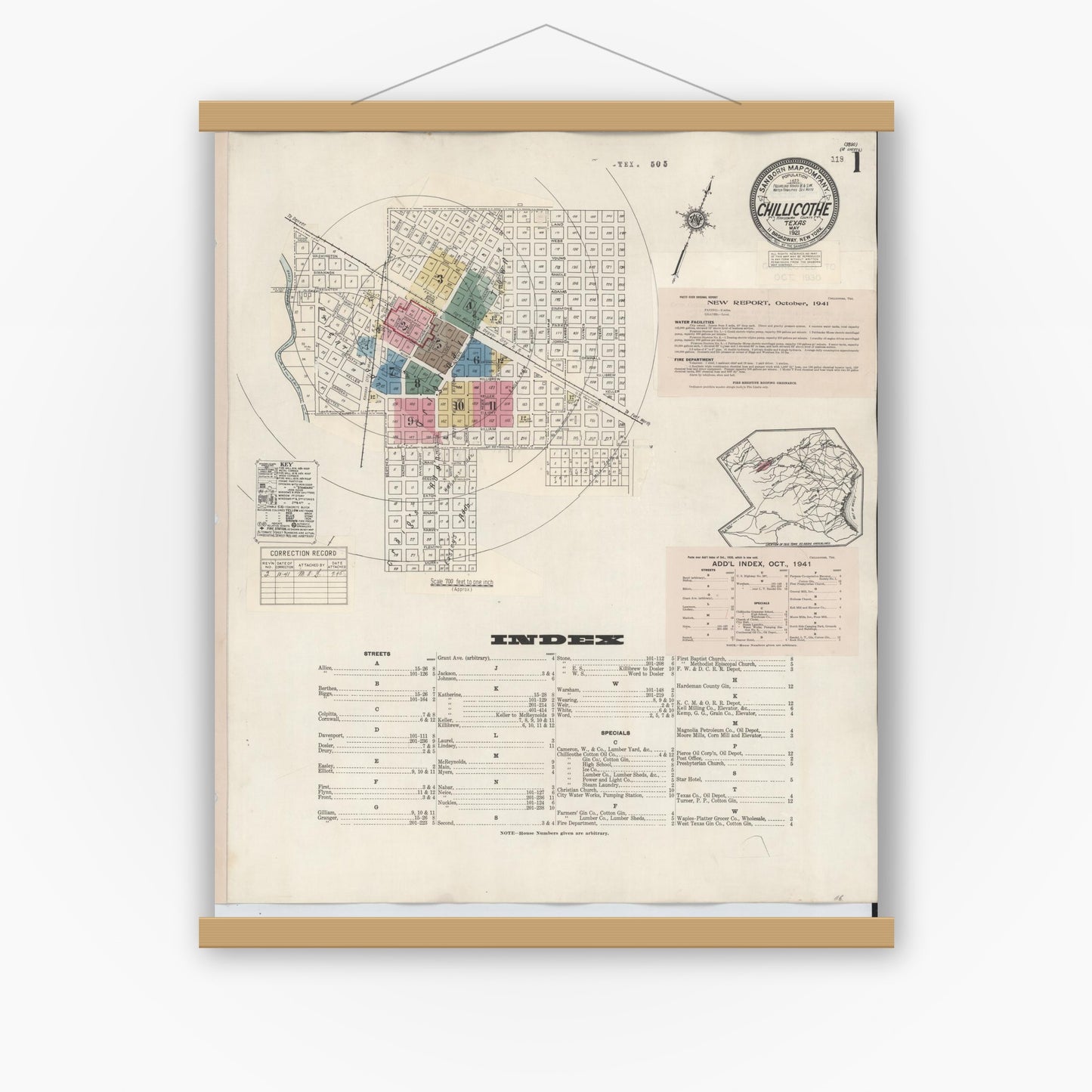 Old map wall art mockup — magnetic wood frame on white wall — Sanborn Fire Insurance Map from Chillicothe, Hardeman County, Texas (1941), Sheet #0001