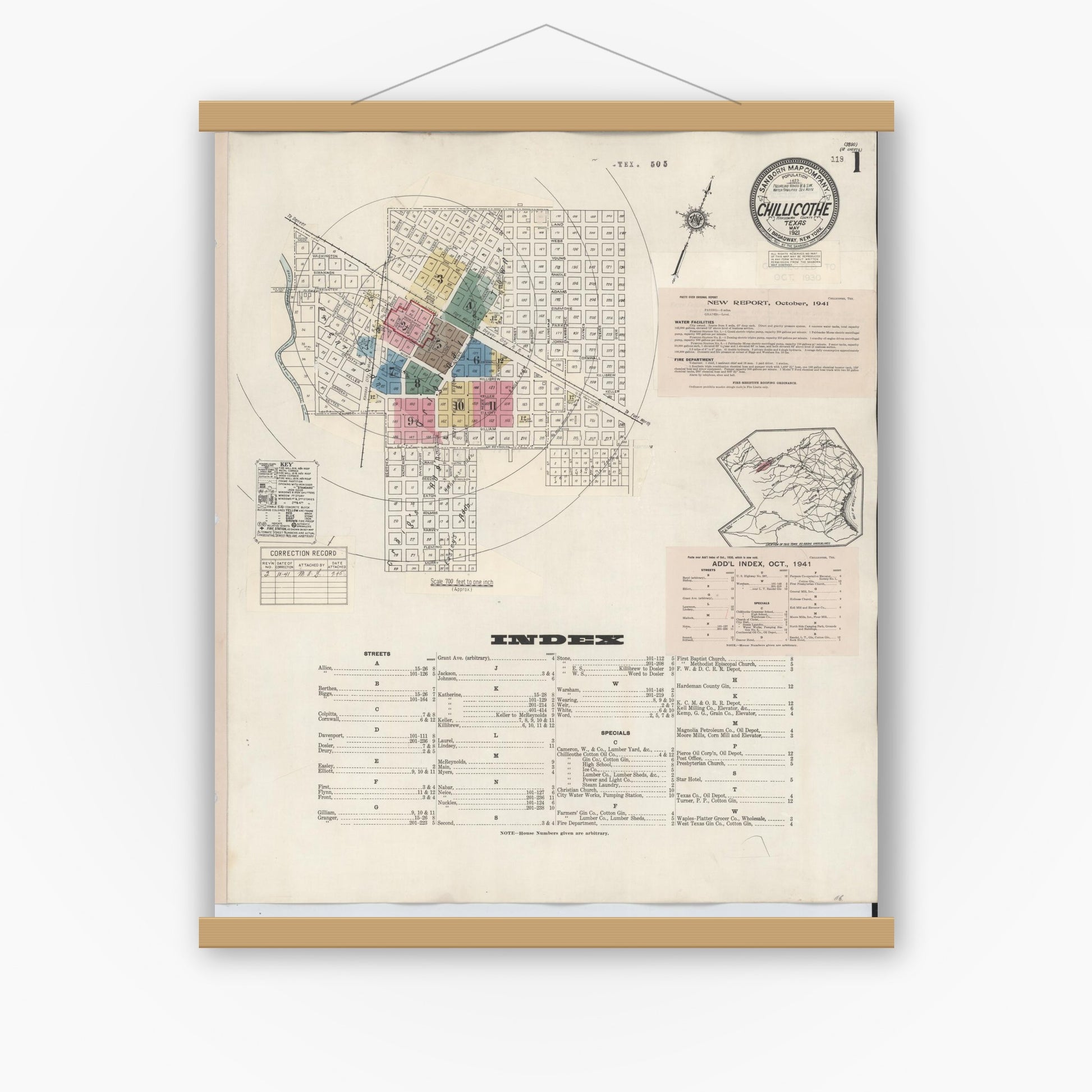 Old map wall art mockup — magnetic wood frame on white wall — Sanborn Fire Insurance Map from Chillicothe, Hardeman County, Texas (1941), Sheet #0001