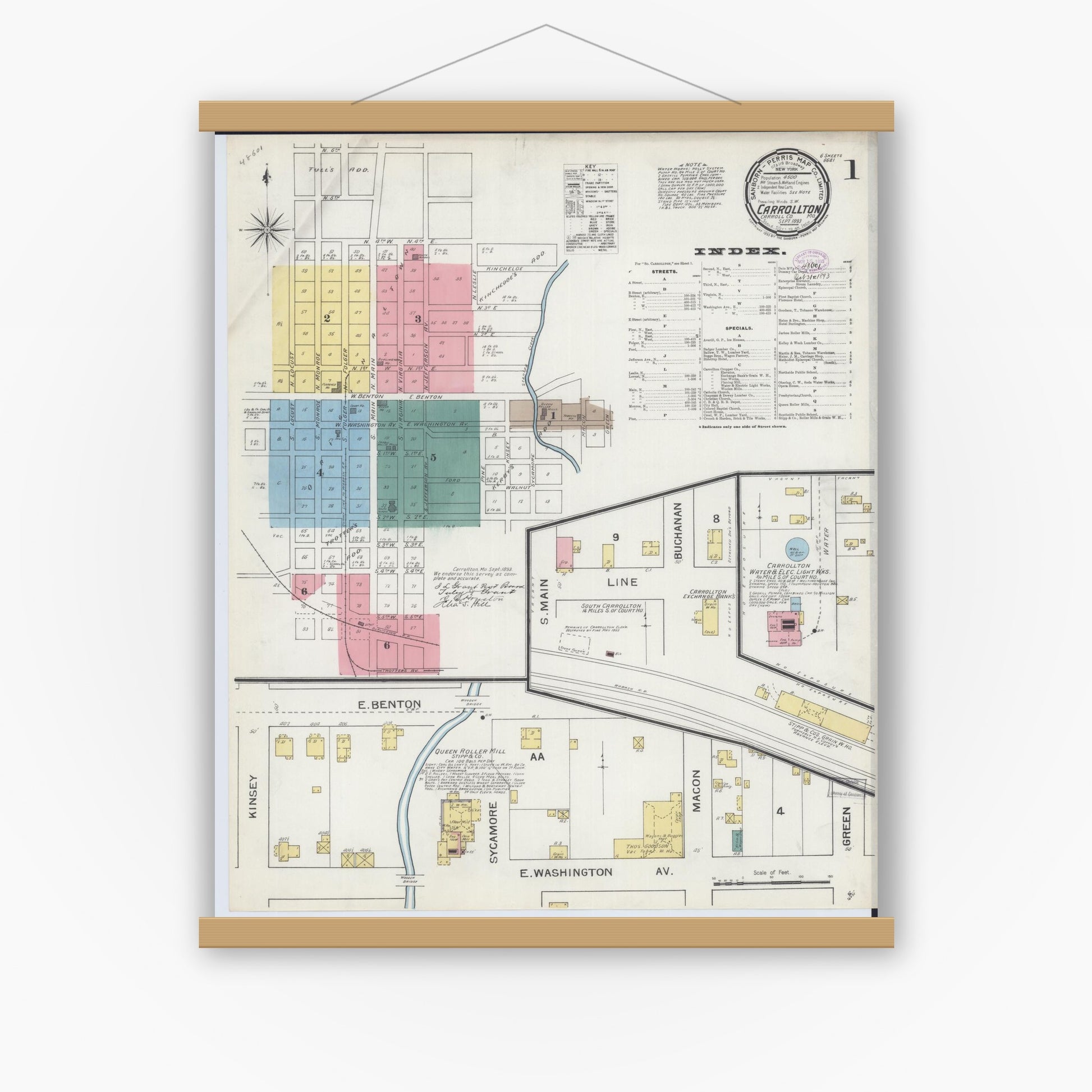 Old map wall art mockup — magnetic wood frame on white wall — Sanborn Fire Insurance Map from Carrollton, Carroll County, Missouri (1893) - Complete Map Set