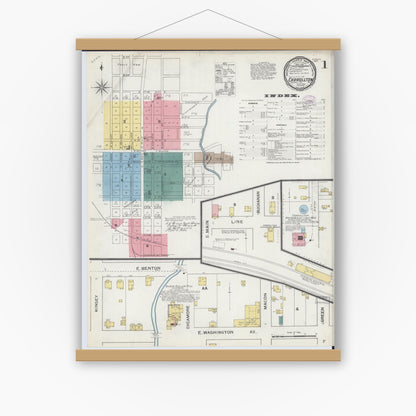 Old map wall art mockup — magnetic wood frame on white wall — Sanborn Fire Insurance Map from Carrollton, Carroll County, Missouri (1893) - Complete Map Set