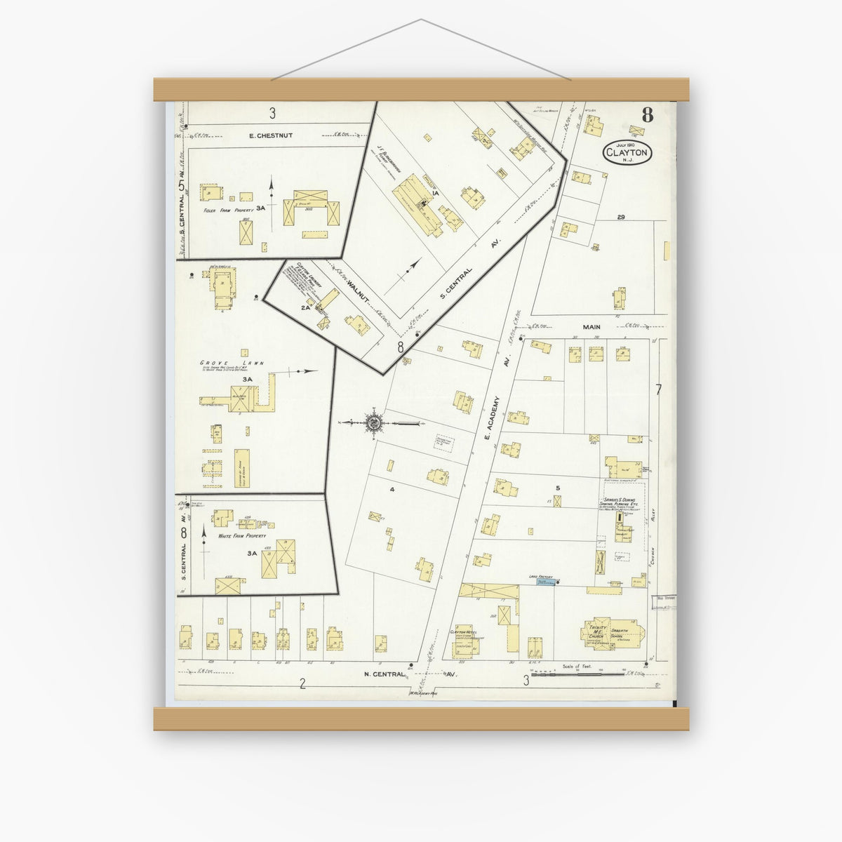 Old map wall art mockup — magnetic wood frame on white wall — Sanborn Fire Insurance Map from Clayton, Gloucester County, New Jersey (1910), Sheet #0008
