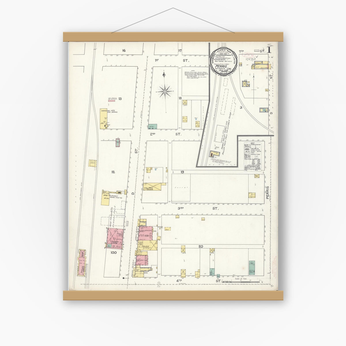 Old map wall art mockup — magnetic wood frame on white wall — Sanborn Fire Insurance Map from Perris, Riverside County, California (1892) - Complete Map Set