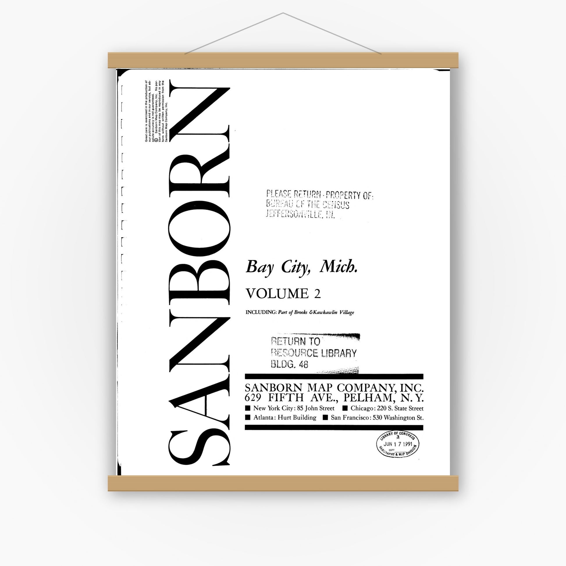 Old map wall art mockup — magnetic wood frame on white wall — Sanborn Fire Insurance Map from Bay City, Bay County, Michigan (1963), Sheet #0001
