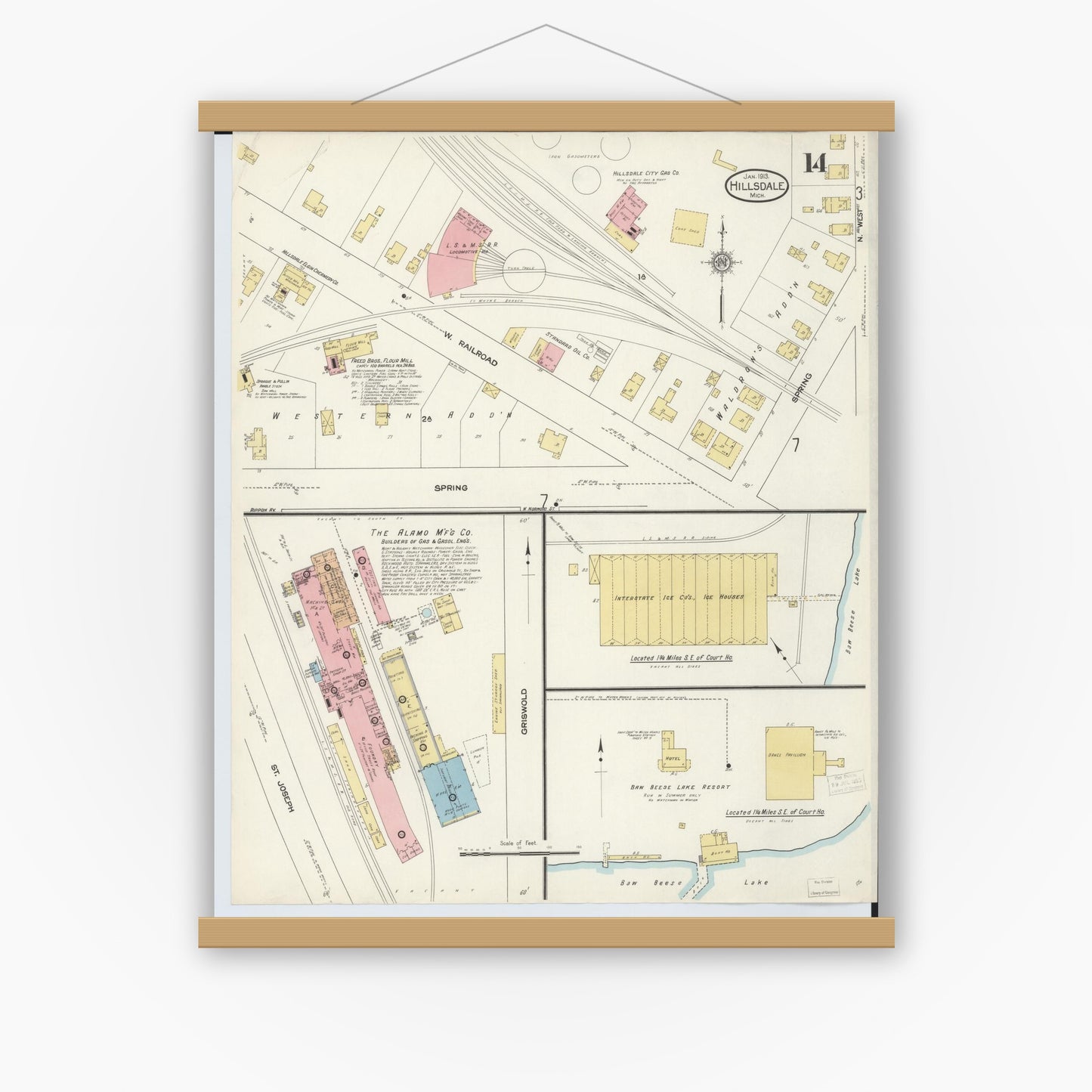 Old map wall art mockup — magnetic wood frame on white wall — Sanborn Fire Insurance Map from Hillsdale, Hillsdale County, Michigan (1913), Sheet #0014