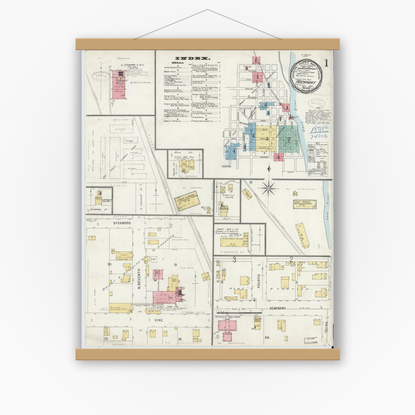 Old map wall art mockup — magnetic wood frame on white wall — Sanborn Fire Insurance Map from Rockport, Spencer County, Indiana (1898) - Complete Map Set