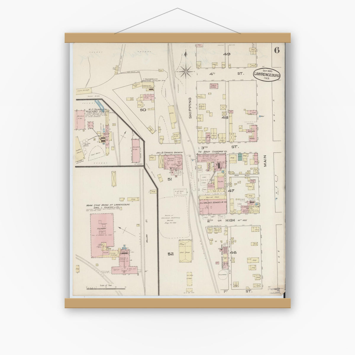 Old map wall art mockup — magnetic wood frame on white wall — Sanborn Fire Insurance Map from Lawrenceburg, Dearborn County, Indiana (1885), Sheet #0006