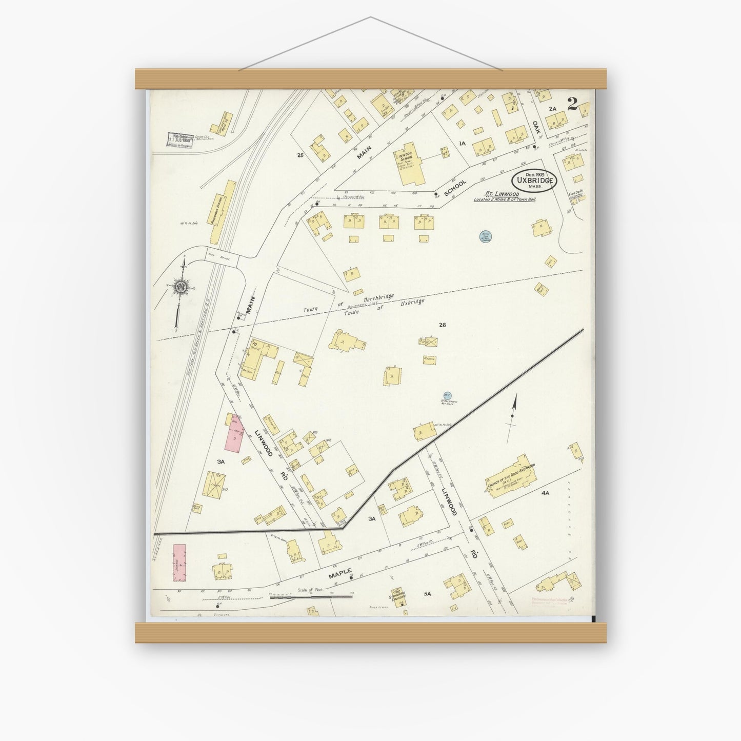 Old map wall art mockup — magnetic wood frame on white wall — Sanborn Fire Insurance Map from Uxbridge, Worcester County, Massachusetts (1909), Sheet #0002