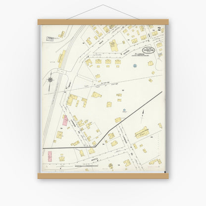 Old map wall art mockup — magnetic wood frame on white wall — Sanborn Fire Insurance Map from Uxbridge, Worcester County, Massachusetts (1909), Sheet #0002