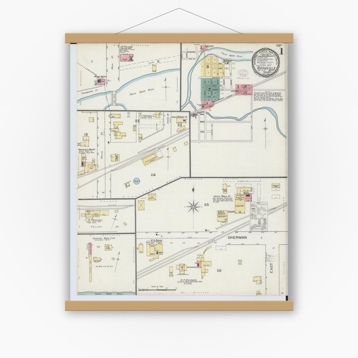 Old map wall art mockup — magnetic wood frame on white wall — Sanborn Fire Insurance Map from Nashville, Barry County, Michigan (1893), Sheet #0001