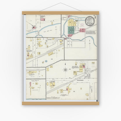 Old map wall art mockup — magnetic wood frame on white wall — Sanborn Fire Insurance Map from Nashville, Barry County, Michigan (1893), Sheet #0001