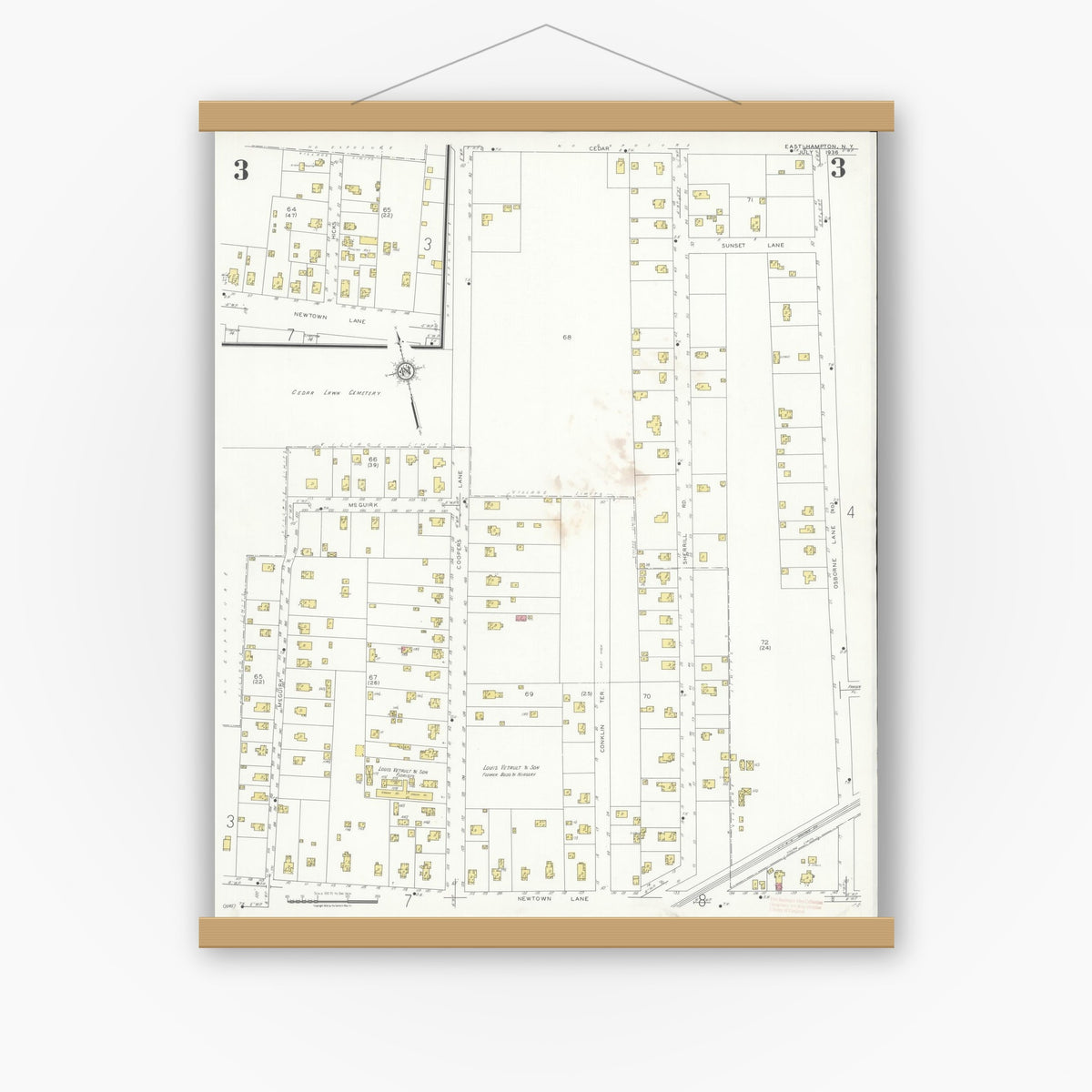 Old map wall art mockup — magnetic wood frame on white wall — Sanborn Fire Insurance Map from Easthampton, Suffolk County, New York (1936), Sheet #0003