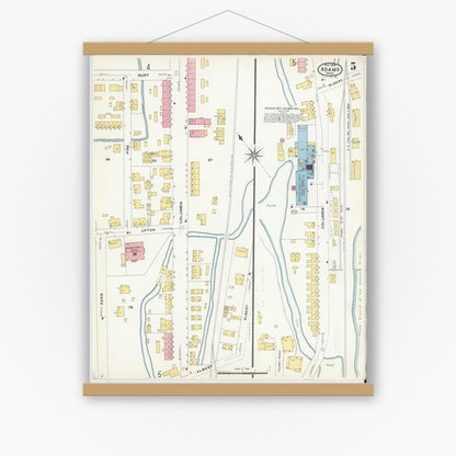 Old map wall art mockup — magnetic wood frame on white wall — Sanborn Fire Insurance Map from Adams, Berkshire County, Massachusetts (1908), Sheet #0005