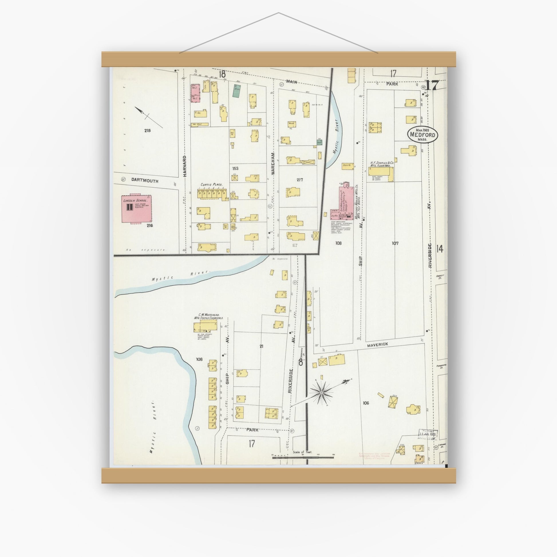 Old map wall art mockup — magnetic wood frame on white wall — Sanborn Fire Insurance Map from Medford, Middlesex County, Massachusetts (1903), Sheet #0017