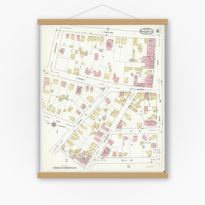 Old map wall art mockup — magnetic wood frame on white wall — Sanborn Fire Insurance Map from Saugerties, Ulster County, New York (1912), Sheet #0004