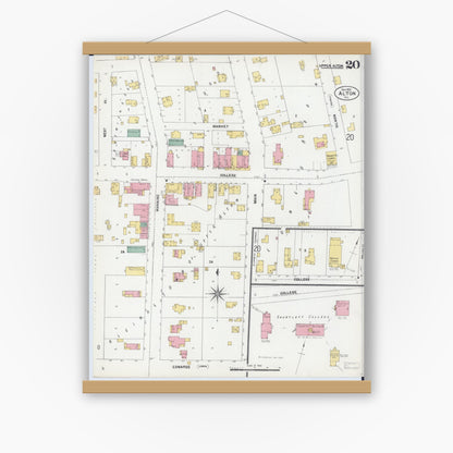 Old map wall art mockup — magnetic wood frame on white wall — Sanborn Fire Insurance Map from Alton, Madison County, Illinois (1902), Sheet #0020