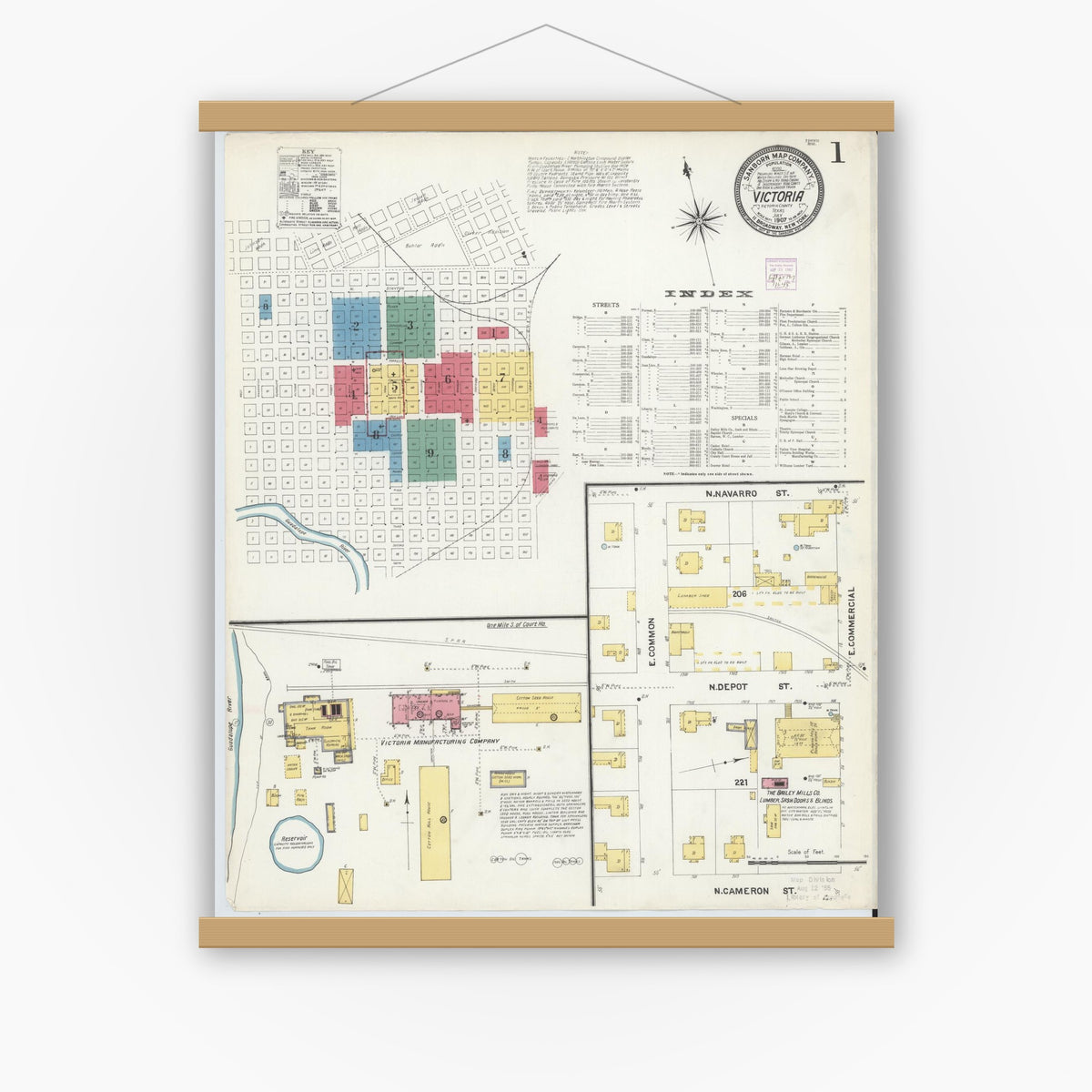 Old map wall art mockup — magnetic wood frame on white wall — Sanborn Fire Insurance Map from Victoria, Victoria County, Texas (1907) - Complete Map Set