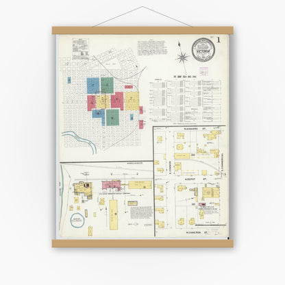 Old map wall art mockup — magnetic wood frame on white wall — Sanborn Fire Insurance Map from Victoria, Victoria County, Texas (1907) - Complete Map Set
